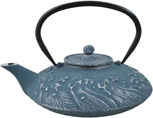 Ebros Gift Traditional Oriental Tetsubin Cast Iron Teapot With Enameled Interior 27oz Asian Japanese Chinese Fusion Housewarming Tea Pot Accent (Royal Blue Ocean Sea Waves)