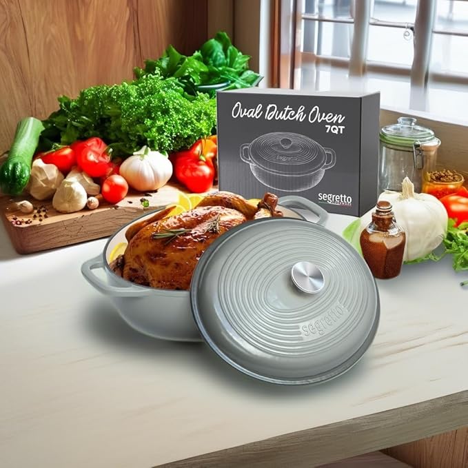 Segretto Cookware Enameled Oval Cast Iron Dutch Oven with Handle 7-Quarts Grigio Scuro (Gray) 7 qt Oven Safe Dutch Oven Pot With Lid Enamel cast Iron Pot Cookware for Bread Baking