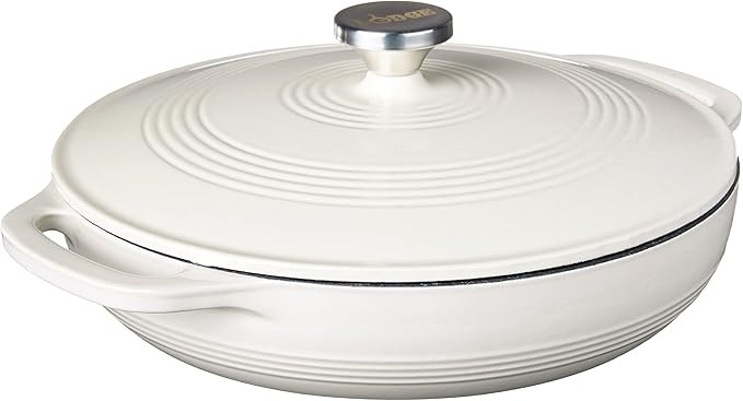 Lodge 3.6 Quart Enameled Cast Iron Round Casserole With Lid– Dual Handles – Oven Safe up to 500° F or on Stovetop - Use to Marinate, Cook, Bake, Refrigerate and Serve – Oyster White