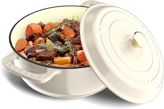Bonnlo 6QT Round Dutch Oven, Enameled Cast Iron Dutch Oven Pot with Lid & Dual Handles, Oven Safe Up to 500° F, for Sourdough, Bread Baking, Stews and Roasting, White