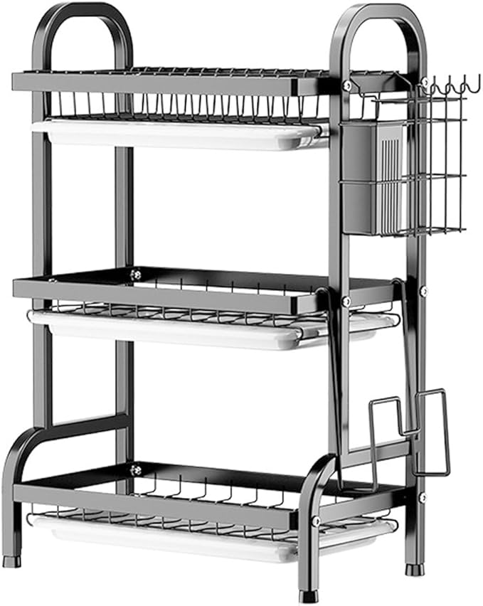 KUK 3 Tier Dish Drying Rack, Stainless Steel Over The Sink Dish with Drain Tray, Kitchen Dishes Drying Racks, Dish Racks for Kitchen Counter Storage (Black)