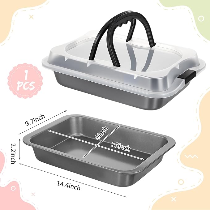 Qinyoung 1 Pcs Cake Baking Pan with Lid and Handle, 9 x 13 Inch Non-stick Rectangle Sheet Cake Pan Carrier for Brownie Roasting Cooking Baking (Black Gray)