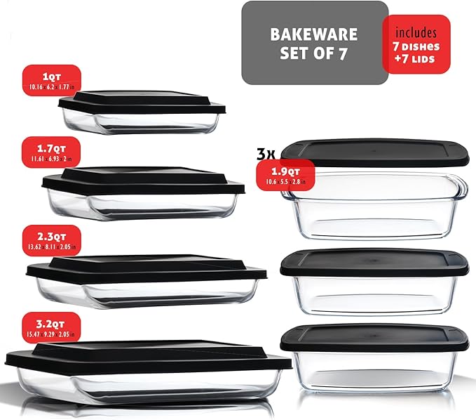 EATEX 7-Pack Glass Food Storage Containers with Lids Baking Pans Set, Glass Baking Dishes for Oven | 4 Casserole Dishes for Oven and 3 Glass Bread Pans for Bread Baking, Oven Microwave Freezer Safe