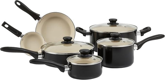 Amazon Basics 11-Piece Ceramic Non-Stick Pots and Pans Set, Dishwasher & Oven Safe, Easy Clean, Glass Lids, Black/Cream