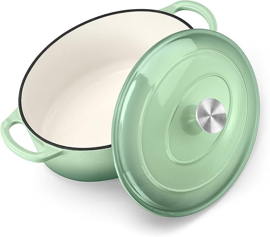 TeamFar Oval Dutch Oven, 5qt Enameled Cast Iron Dutch Oven Pot with Lid, For Bread Baking/Stewing/Braising/Frying, Suitable for Various Stoves, Dual Handles & Easy Cleanup, Pistachio Green