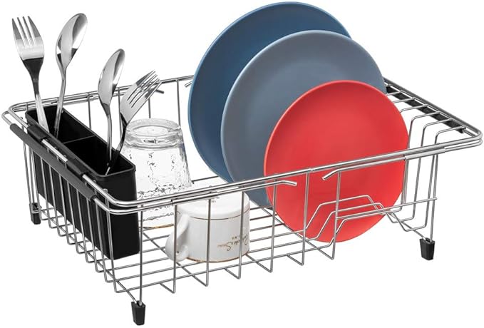 SANNO Dish Drying Rack, Large Dish Rack Adjustable Deep Dish Drainer with Removable Silverware Holder, Deep Large Dish Rack in Sink On Counter, Expandable Arms, Stainless Steel