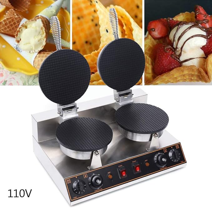 LYNICESHOP Commercial Waffle Cone Maker, 2 Grids Commercial Waffle Maker Nonstick Cone Ice Cream Waffle Baking Machine Electric Stainless Steel Egg Roll Mold Nonstick Waffle Cone Maker