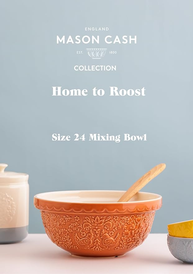 Mason Cash Home to Roost Mixing Bowl | 24cm Earthenware Bowl with Embossed Hen & Cockerel Design | Classic Bakeware for Dough, Pastry & Cake Mixing | Dishwasher & Freezer Safe