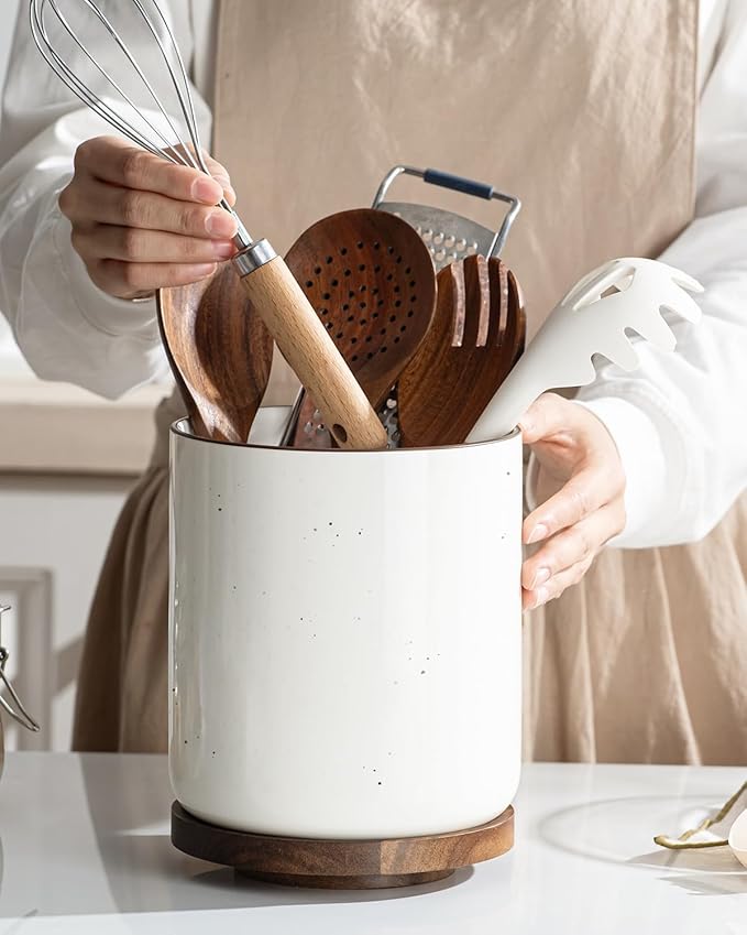 getstar Extra Large Rotating Utensil Holder for Kitchen Counter, 7.9" Ceramic Utensils Crocks Set for Countertop Large & Small Utensil Organizer for Spatula Farmhouse Kitchen Decor