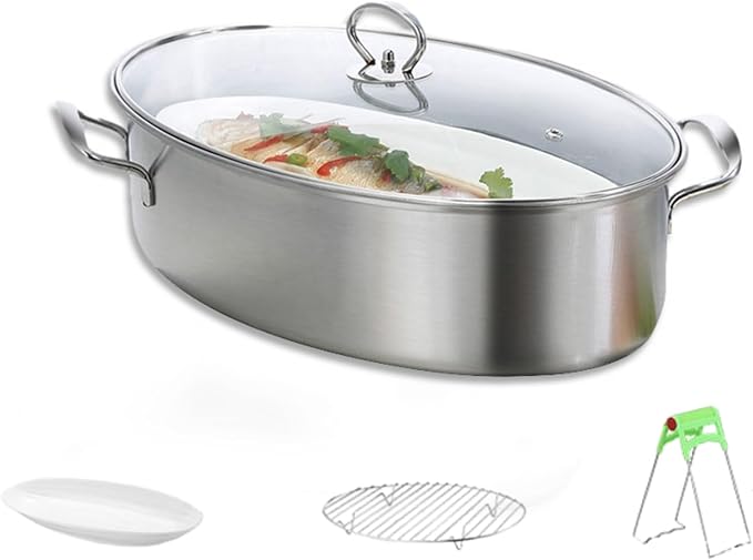 Stainless Steel Fish Steamer Set Large Steamer Pot for Steaming Fish, Boiling Soup Multi-Use Oval Cookware with Glass Lid, Rack, Pan, Chuck
