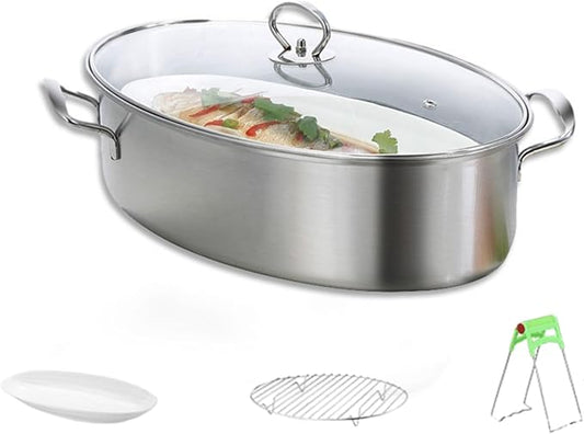 Stainless Steel Fish Steamer Set Large Steamer Pot for Steaming Fish, Boiling Soup Multi-Use Oval Cookware with Glass Lid, Rack, Pan, Chuck