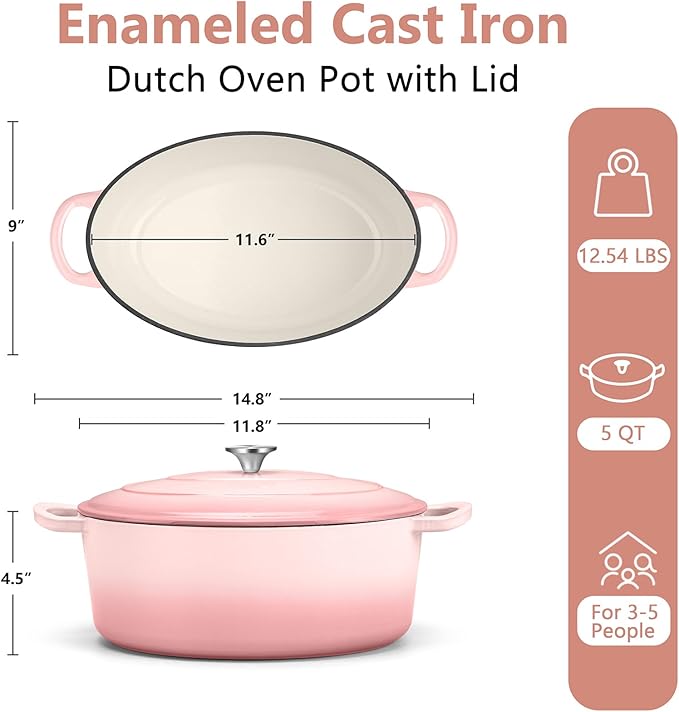 TeamFar Oval Dutch Oven, 5qt Enameled Cast Iron Dutch Oven Pot with Lid, For Bread Baking/Stewing/Braising/Frying, Suitable for Various Stoves, Dual Handles & Easy Cleanup, Pink