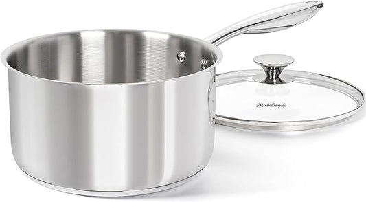 MICHELANGELO Tri-ply Stainless Steel 4 Qt Saucepan with Glass Lid, 4 Quart Pot with No Coating, Even Heating, for All Cooktops & Induction Compatible - Silver