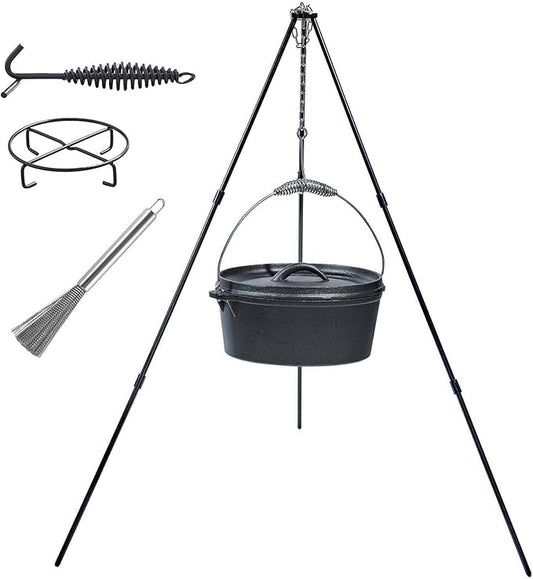 4.5Qt camping dutch oven with lid，cast iron dutch oven，Lifter Handle，Camping Tripod，Cast Iron Camping Cookware, Camping Oven - Campfire Cooking Equipment，With Free Scrubber Brush Stainless Steel Material