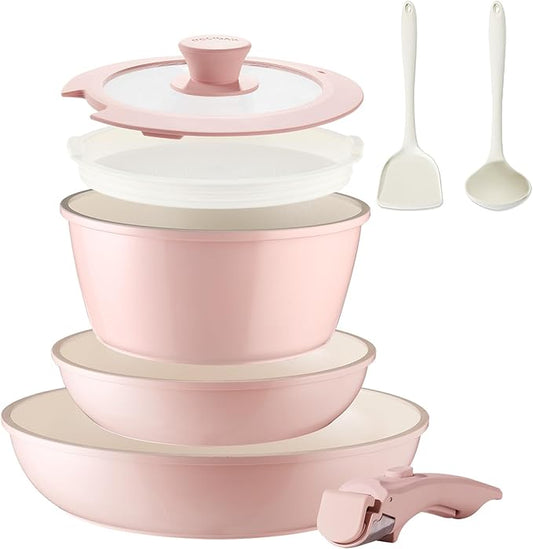 8PCS Ceramic Cookware,Nonstick Ceramic Pan, Removable Handle Pots and Pans Set, Stackable Pan Set, Nonstick Pots and Pans Set Non Stick pot(Pink)