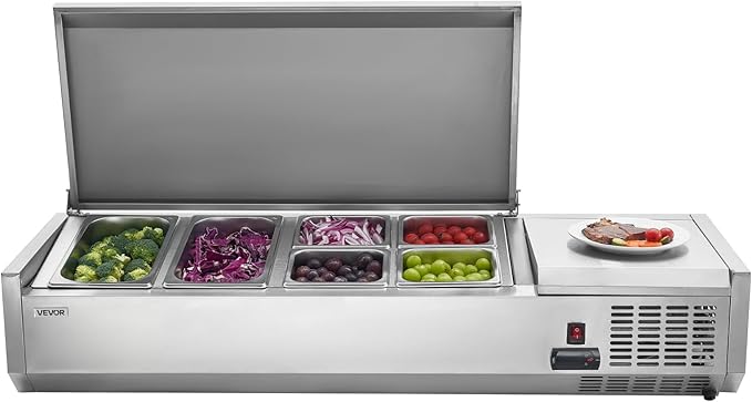 VEVOR Refrigerated Condiment Prep Station, 130 W Countertop Refrigerated Condiment Station, with Two 1/3 Pans & Four 1/6 Pans, 304 Stainless Body and PC Lid, Sandwich Prep Table with Stainless Guard