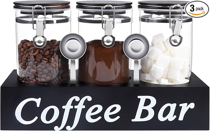 WYTAOHZL 3PCS Glass Coffee Containers with Shelf 54 oz Coffee Station Organizer Glass Bean Storage with Spoon Canister Set Jars with Airtight Locking Clamp for Bean Sugar Nuts