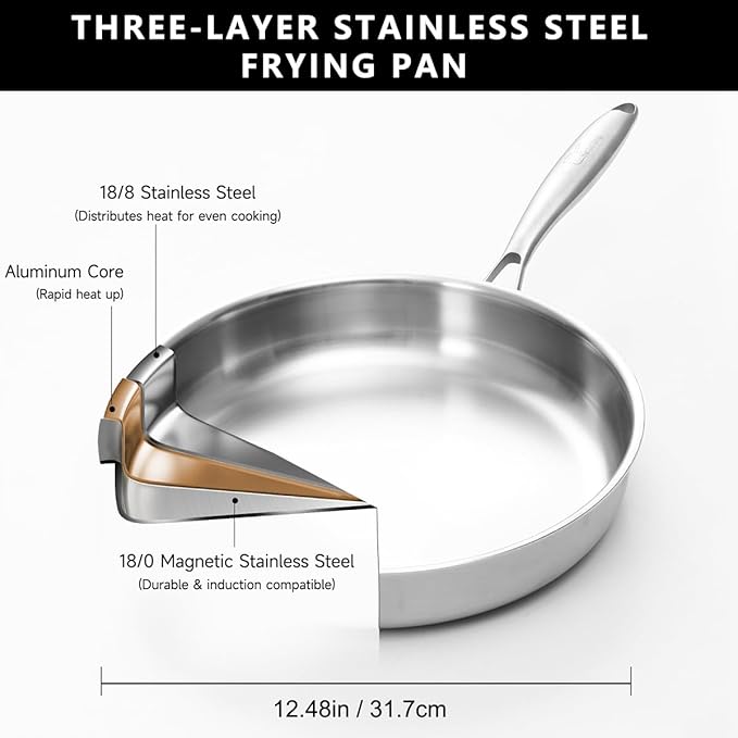 Tri-ply Stainless Steel Frying Pan 12 Inch with Lid Large Skillet for Chef's Cooking Pan Induction Oven Dishwasher Safe, Compatible with All Cooktops with Kitchen Tongs(Detachable Handle)