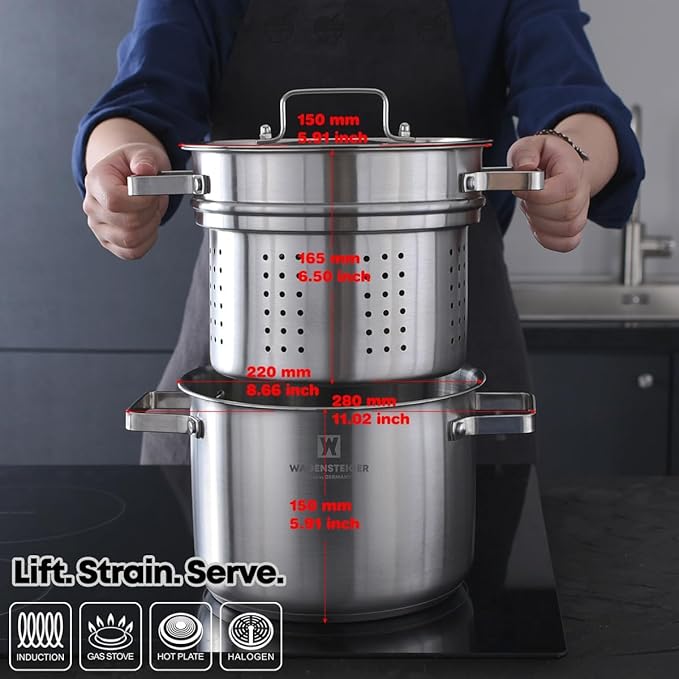 Premium Stainless Steel Asparagus Vegetable Tall Steamer Pot Spaghetti Pasta Stovetop Cooker with Removable Perforated Basket and Lid, Large Size Versatile Cookware (5.2Liters/5.5Quarts)