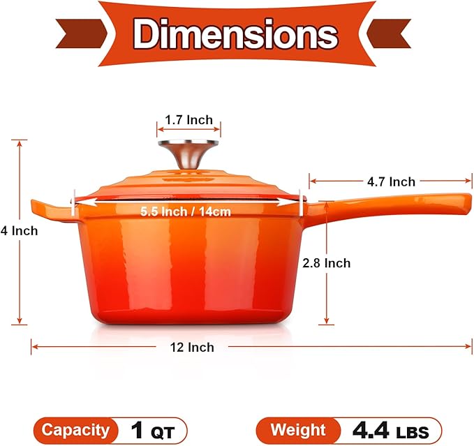 HaSteeL 1 QT Cast Iron Saucepan, Mini Enamel dutch oven with lid, Small Non Stick Pan for Milk, Pasta Tomato Sauce, Butter, Breakfast, Soup, Suitable for Boiling Stewing Frying, Easy to Clean, Orange