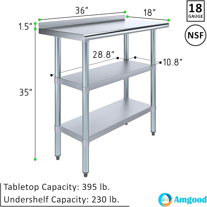 AmGood Stainless Steel Work Table with 1.5" Backsplash and 2 Shelves | Metal Kitchen Food Prep Table | NSF (36" Long x 18" Deep)