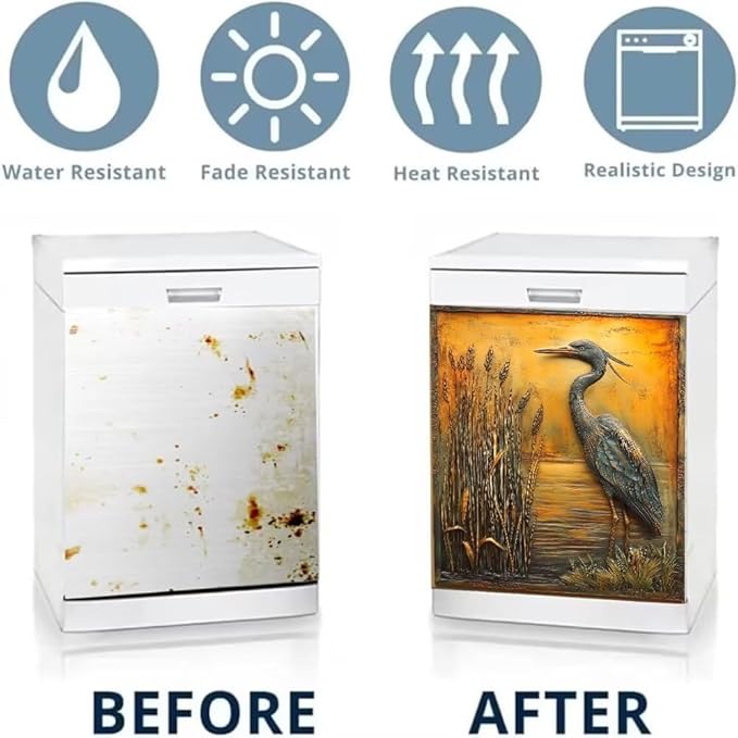 Heron Bird Dishwasher Magnet Cover, Bronze Gold Refrigerator Magnetic Vinyl Sticker for Dishwasher Door, Decorative Kitchen Appliance Panel Decal, 23Wx26H Inches