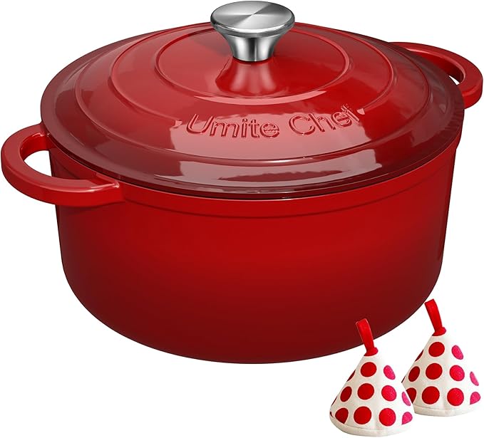 Umite Chef 7QT Enameled Cast Iron Dutch Oven with Lid & Cotton Potholders–Heavy-Duty Cookware for Bread Baking, Braising, Stews, Marinate, Cook(Red)