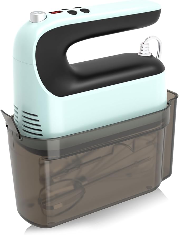 9-Speed Digital Hand Mixer Electric, 400W Powerful DC Motor, Hand Mixer Electric Handheld with Snap-On Storage Case, 5 Stainless Steel Accessories, Beaters, Dough Hooks, Whisk(Ice Blue/Black)