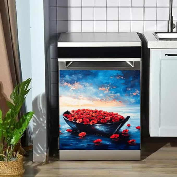 Dishwasher Magnet Cover, Red Poppies in Boat on Blue Ocean Refrigerator Magnetic Vinyl Sticker for Dishwasher Door, Metal Horse Decorative Kitchen Appliance Panel Decal, 23Wx26H Inches