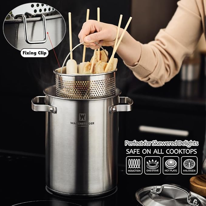 Premium Stainless Steel Asparagus Steamer Pot or Spaghetti Pasta Stovetop Cooker with Perforated Steamer Basket, Tall & Large Size, Versatile Cookware, 3-Ply Base(4.3Liters/1.14Gals)