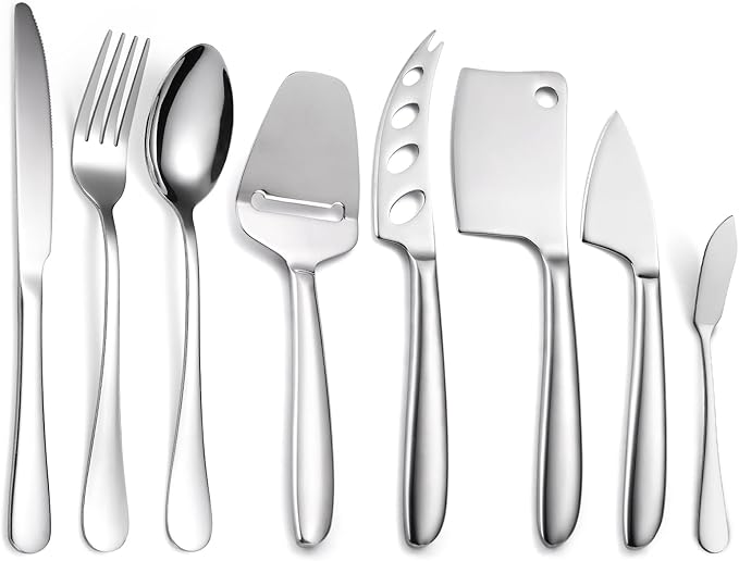 Modern Cheese Knives Silverware Set 8 Pieces include Dinning Knife Fork Spoon Stainless Steel Cooking Utensils Kitchen Gadget Tool Multifunctional Durable for Daily Use and Parties
