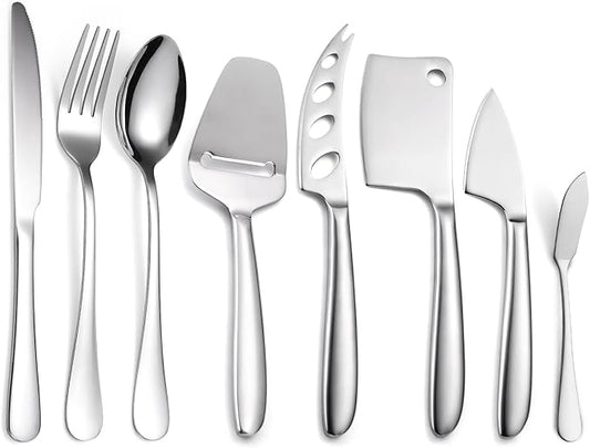 Modern Cheese Knives Silverware Set 8 Pieces include Dinning Knife Fork Spoon Stainless Steel Cooking Utensils Kitchen Gadget Tool Multifunctional Durable for Daily Use and Parties