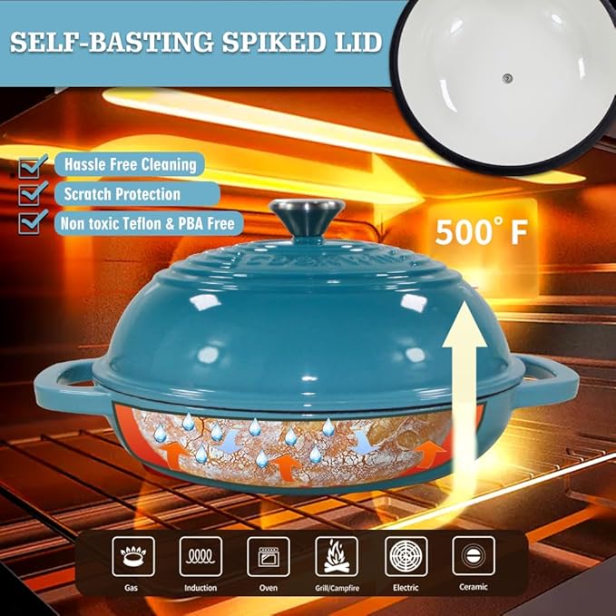 Enameled Cast Iron Bread Oven, 6 Quart Dutch Oven for Bread Sourdough Baking, 11" Thick Enamel Bread Baking Pan Kit with Lid for Stews, Roasts and Gifts for Family, Teal