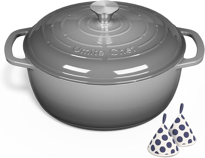 Enameled Cast Iron Dutch Oven - Umite Chef 6QT Pot with Lid & Cotton Potholders - Dual Handles -Versatile Heavy Duty Cookware for Bread Baking，Braising, Stews, Roasting（Grey）