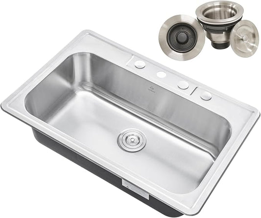 CozyBlock 33 x 22 x 9 Inch Top-mount/Drop-in Stainless Steel Single Bowl Kitchen Sink with Strainer - 18 Gauge Stainless Steel-4 Faucet Hole