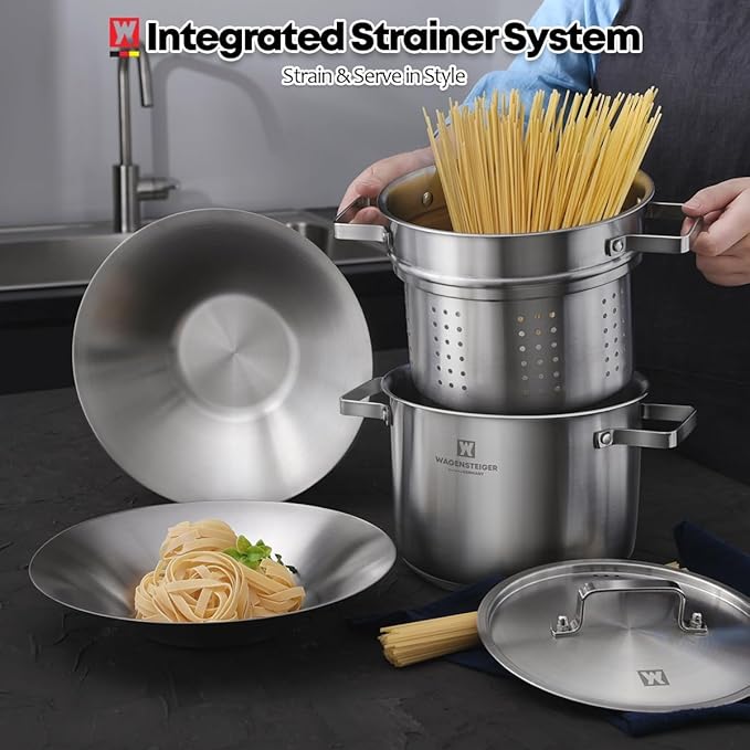Premium Stainless Steel Asparagus Vegetable Tall Steamer Pot Spaghetti Pasta Stovetop Cooker with Removable Perforated Basket and Lid, Large Size Versatile Cookware (5.2Liters/5.5Quarts)