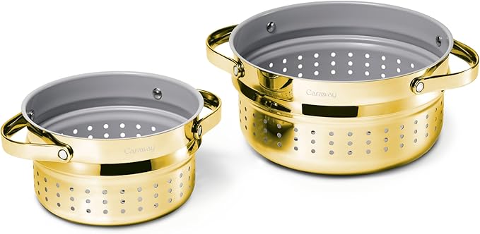 Caraway Small & Large Steamer Set – Made with Handles - Non Stick, Non Toxic Coating - Steam Veggies, Seafood, and More - Compatible With Our Dutch Oven or Sauce Pan – 3qt & 6.5qt - Gold