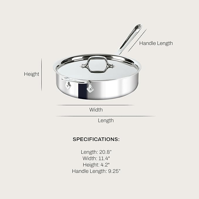 All-Clad D3 3-Ply Stainless Steel Sauté Pan 4 Quart Induction Oven Broiler Safe 600F Pots and Pans, Cookware Silver