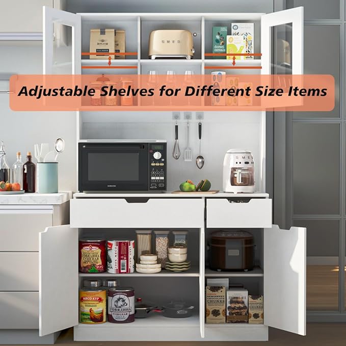 71" Tall Kitchen Pantry Storage Cabinet Large Farmhouse Hutch Cabinet with Microwave Stand, Charging Station, Adjustable Shelves, Countertop for Dining Room, Living Room, White