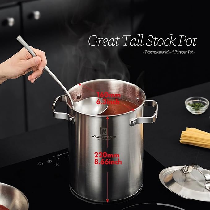 Premium Stainless Steel Asparagus Steamer Pot or Spaghetti Pasta Stovetop Cooker with Perforated Steamer Basket, Tall & Large Size, Versatile Cookware, 3-Ply Base(4.3Liters/1.14Gals)