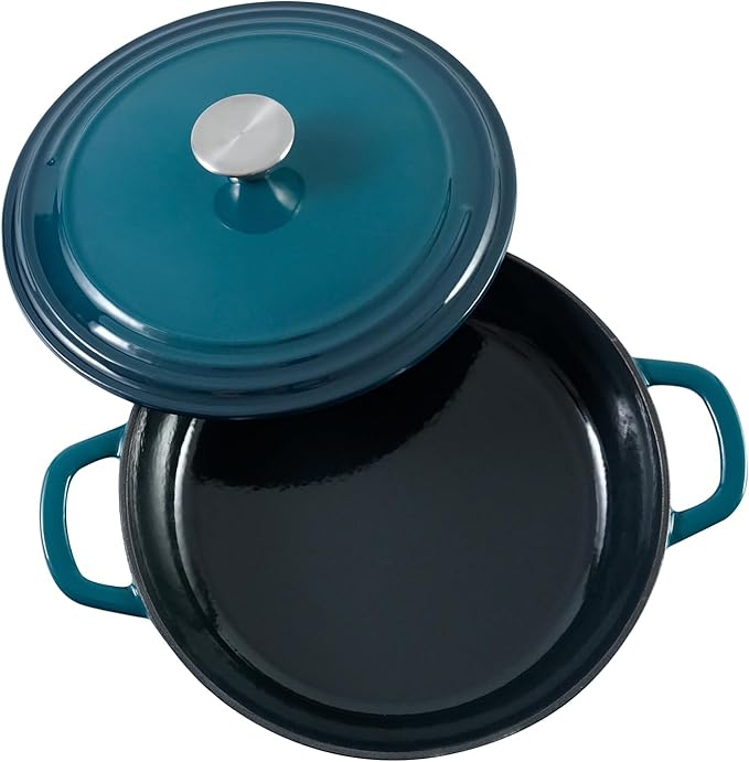 Braiser Enameled Cast Iron Braiser 3 qt Braiser Pan with Lid DarkCyan Shallow Cast Iron Casserole Braiser Pan with Handels