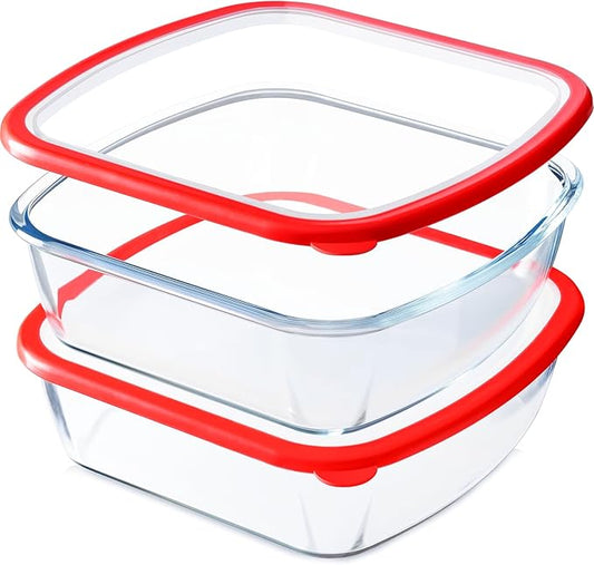 NUTRIUPS 9 x 9 Square Glass Baking Dish with Lid 2 Pack, 2.75QT LARGE and DEEP Baking Dish for Oven (Red, 2 Pack, 2.6L)