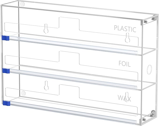 Kitchen Wrap Organizer, Foil and Plastic Wrap Organizer 3 in 1 with Sliding Cutter, Acrylic Wrap Dispenser for Drawer or Wall Mount, Fits 12 Inch Rolls