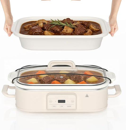 4 Quart Casserole Programmable Slow Cooker with Ceramic Baking Dish - Perfect Kitchen Small Appliance for Family Dinners, Oven Safe and Durable Bakeware for Lasagna, Roasts (Oatmeal)