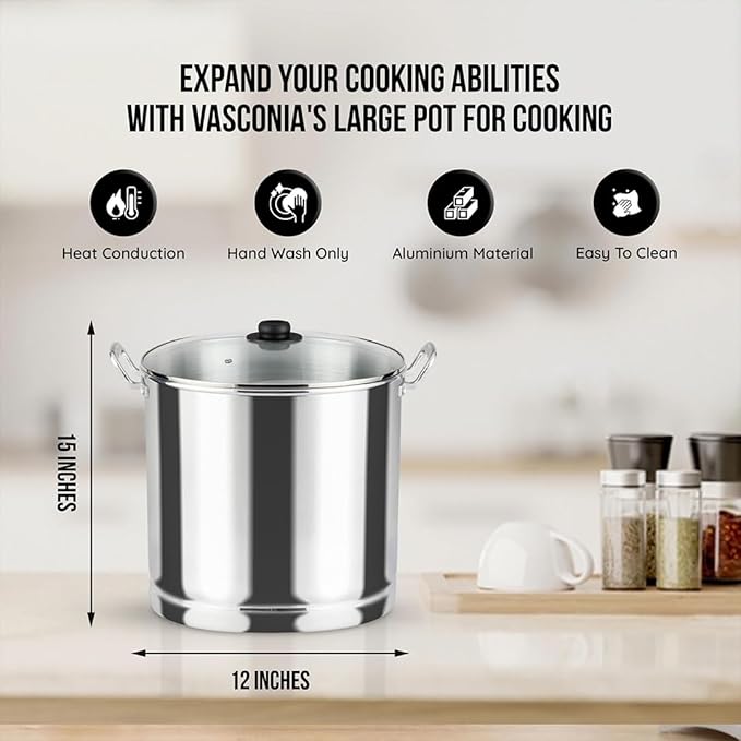 Vasconia 32-Quart Steamer Pot (Aluminum) with Tray & Glass Lid - For Most Stoves (Hand-Wash only) Large Stock Pot for Tamales, Steaming, Boiling & Frying - Makes Seafood, Pasta, Vegetables & More