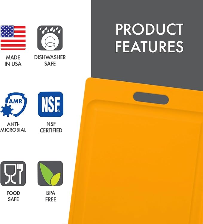 Dexas NSF Certified Polysafe Cutting Board with Handle and Juice Well, 12 x 18 inches, Reversible Kitchen Cutting Board, Yellow