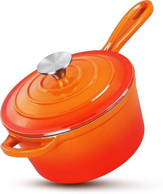 HaSteeL 2 QT Cast Iron Saucepan, Mini Enamel Dutch Oven with Lid, Small Non Stick Pan for Milk, Pasta Tomato Sauce, Butter, Breakfast, Soup, Suitable for Boiling Stewing Frying, Easy to Clean, Orange