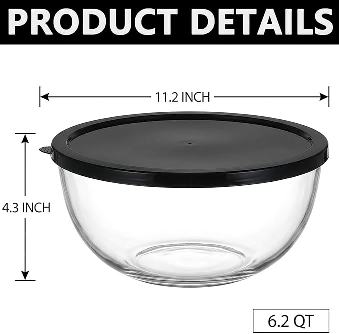 Large Glass Mixing Bowl for Sourdough, 6.2QT with Lid – Big Capacity Clear Bowl for Sourdough, Baking, Salad Prep & Food Storage