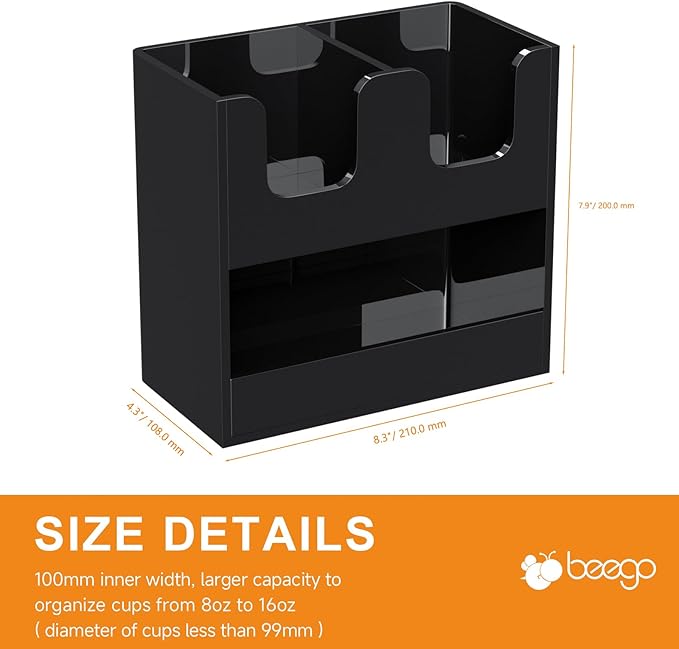 Beego 3-Compartment Cup Holder for Countertop - 2-Tier Black Acrylic Cup Dispenser Coffee Station Paper Cup and Lid Organizer Condiment Storage for Restaurant Breakroom Kitchen Bar Accessories