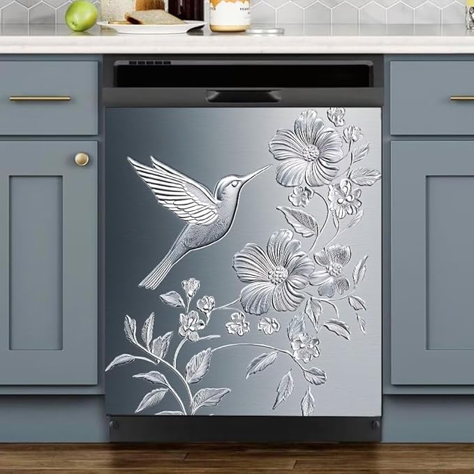Dishwasher Magnet Cover, Stainless Steel Hummingbird and Flowers Pattern Refrigerator Magnetic Vinyl Sticker for Dishwasher Door, Decorative Kitchen Appliance Panel Decal, 23Wx26H Inches